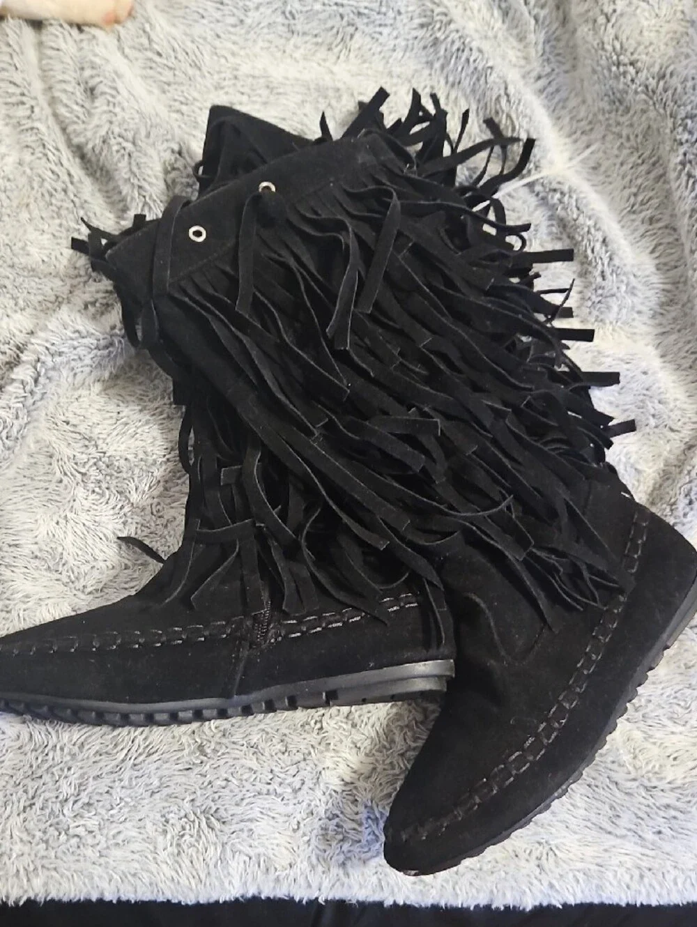 Kids Black Fringe Mid-Calf Boots - Soft Suede Look